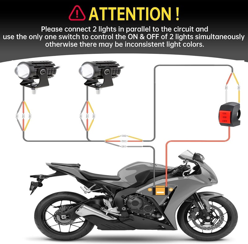 Windance 2pcs 32W LED Motorcycle Headlight with Switch, Yellow White Dual Color Hi/Lo Beam for Motorcycle, 2400LM 3000K 6000K Crash Bar Front Fork Spotlight (Spotlights+Brackets (2 pack)) - Image 4